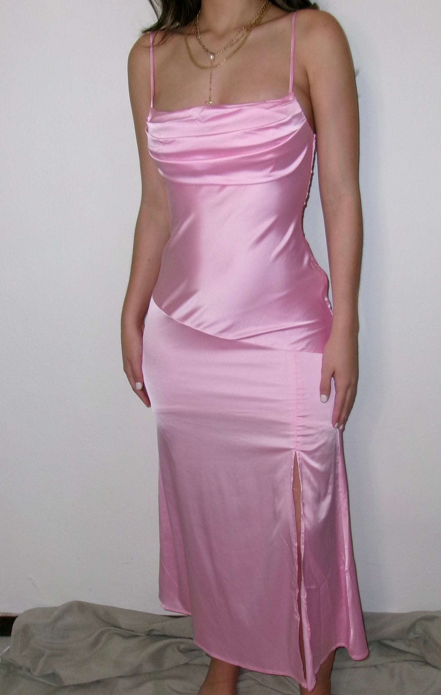 Rosé Satin Cami Midi Dress