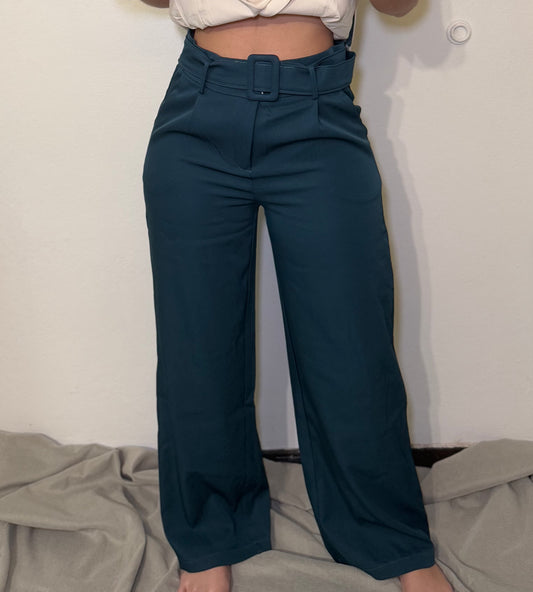 Teal Belted Wide Leg Trousers